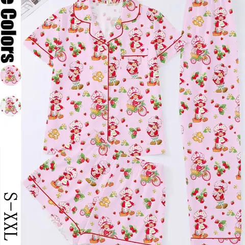 3-Piece Women's Cute Strawberry Girl Cartoon Print Pajama Set, Short-Sleeve Button-Up Top, Shorts and Pants, Comfortable Loungewear, Pjs