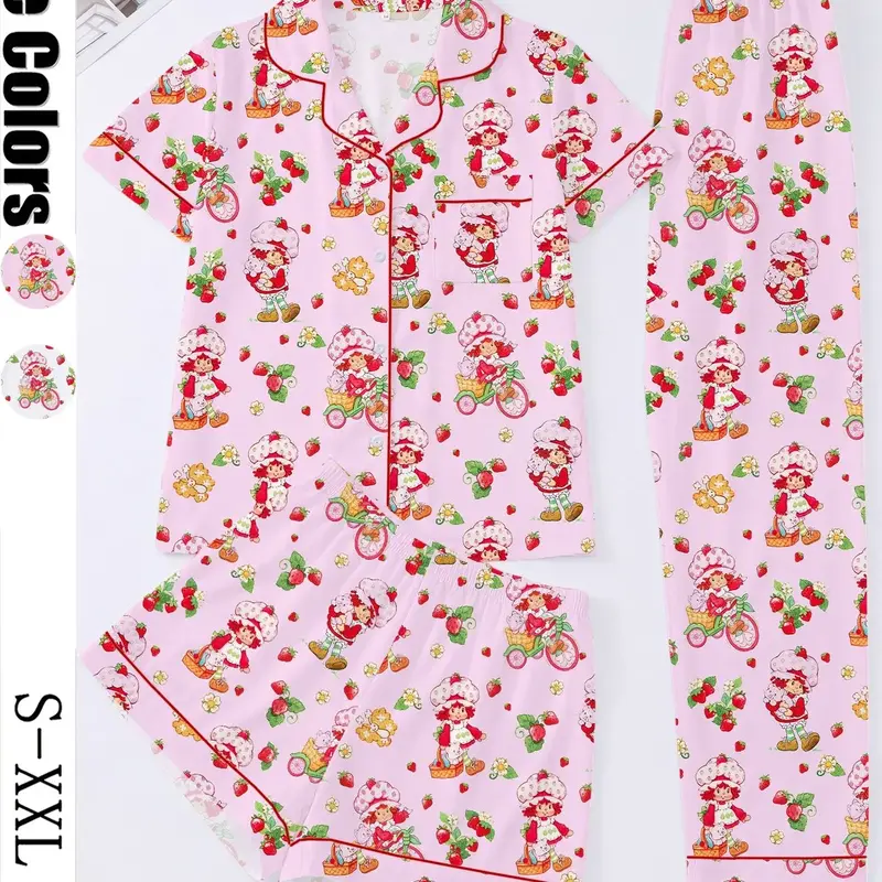 3-Piece Women's Cute Strawberry Girl Cartoon Print Pajama Set, Short-Sleeve Button-Up Top, Shorts and Pants, Comfortable Loungewear, Pjs