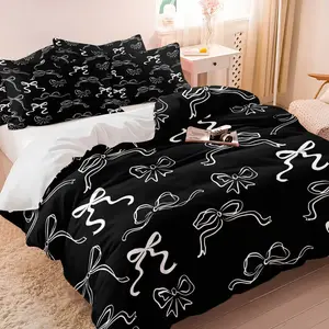 Simple Bow-print Duvet Cover Set，includes One Duvet Cover & 1 Or 2 Pillowcases (without Insert)，skin-friendly & Comfortable，a Unique & Sweet Style，suitable For Bedrooms, Dormitories & Guest Rooms.