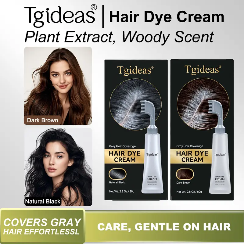 Tgideas Hair Dye Comb with Cream - Effortless Combing, Dual-Color Permanent Black/Brown, 100% Gray Coverage, Triple Treatment, Hyaluronic Acid & Plant Extracts, Easier at Home Portable Haircare, Aging Alternative, 1 Box (Includes Dyeing Tools)