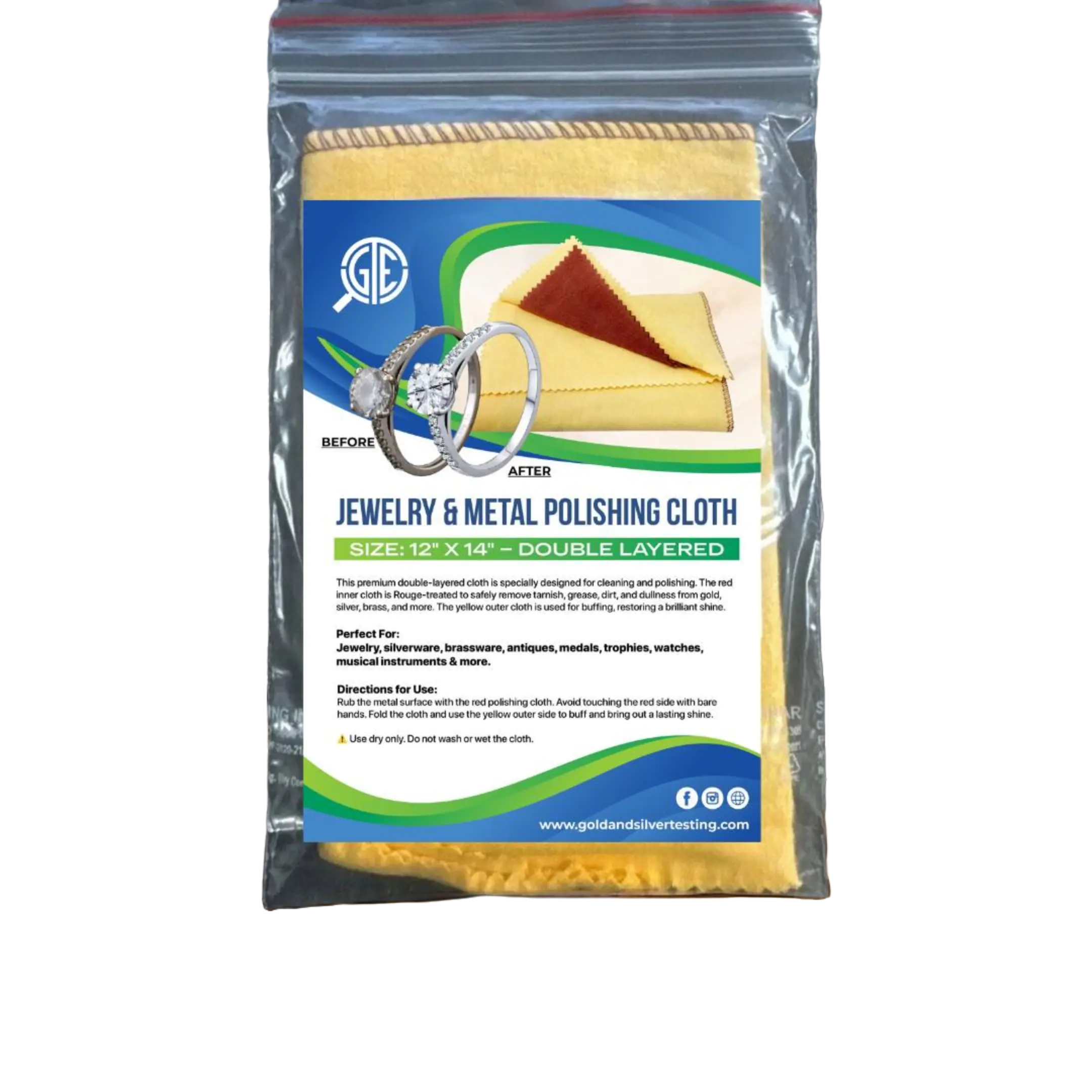 GTE Polishing Cleaning Cloth, 12"x14" Double-Layered Rouge-Treated, Long-Lasting Anti-Tarnish Cloth for Silverware, Jewelry, Polishing Cleaning Cloths