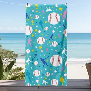 1-piece, American-style baseball blue-bottom printed microfiber beach towel, summer beach travel accessory, unisex swimming pool sports camping towel
