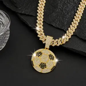 Gold-Plated Cuban Link Football Shaped Pendant Necklace - Ice Chain, Metallic Gold, Personalized Streetwear Accessory for Men/Women, Long Sweater Chain, big fella chain, Beach Essential, Ice Chain Necklaces, Metallic Gold