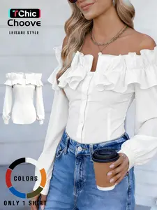 Women's Long Sleeve One Shoulder Ruffle Slim Fit Shirt Blouse, Casual Plain Woven Fabric, All Seasons Fashion Top, Elegant Women's Clothing