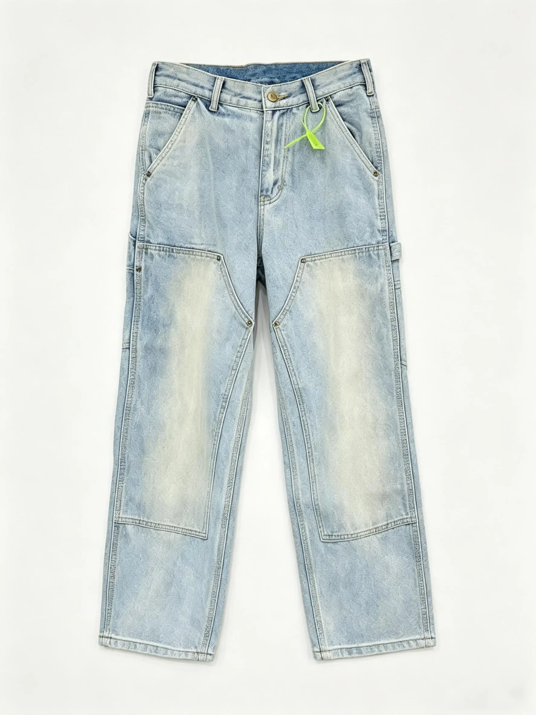 Men's Fashion Baggy Cotton Jeans - Light Blue Plain Stylish Stone Wash Denim, Double Knee, Button Fly, Pockets, Ankle Length, Spring Casual Streetwear for Big Thighs, Baggy Cotton Men's Jeans
