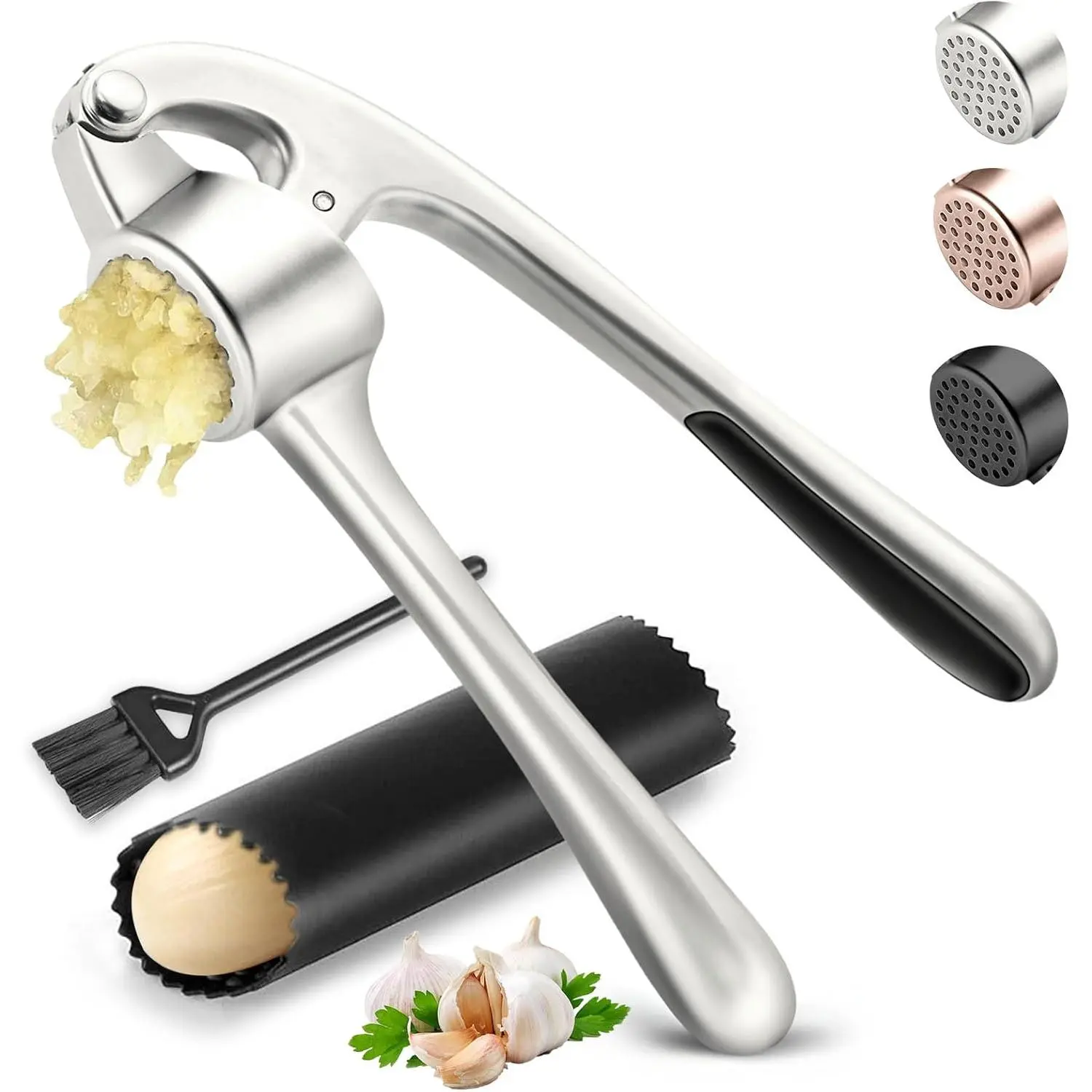 Kitchen Garlic Press Stainless Steel,  Rust Proof & Dishwasher Safe Garlic Mincer, Durable Garlic  Set with Peeler&Brush, Easy to Clean and Squeeze, Matte