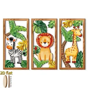 3-Piece Wildlife Animal Wooden Wall Decor, Cute Zebra Lion Giraffe Tropical Wall Art, Bohemian Style, Hollow Design for Living Room, Bedroom