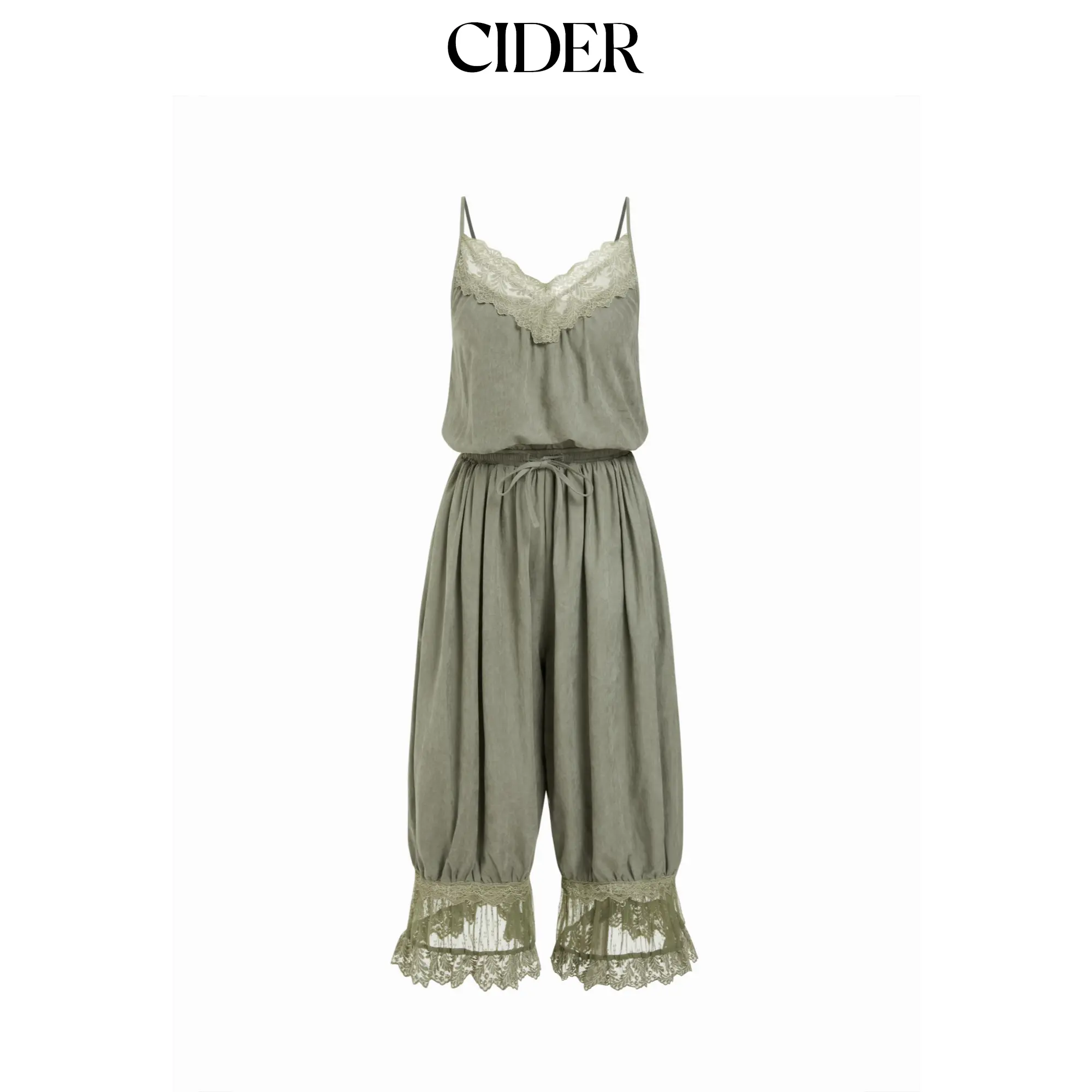 Cider Jumpsuit for Women, Sleeveless Oversized Jogger Style with V-Neck, Lace Panel Accents and Drawstring Waist | Women's Fashion