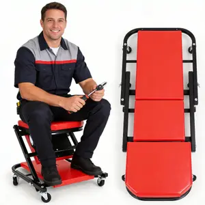 Heavy-Duty Adjustable Z-Shape Rolling Mechanic Stool with Wheels, Portable Padded Garage Workshop Chair for Car Maintenance, Red & Black