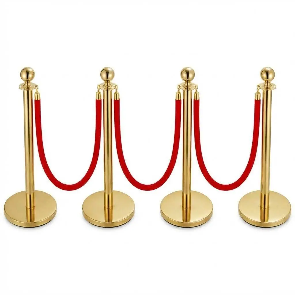4-Pack Gold Stanchion Posts with 3 Ropes, 5FT Luxury Crowd Control Barriers for VIP Events, Weddings, Theaters, and Red Carpet Entrances, Heavy-Duty Queue Poles with Easy Assembly