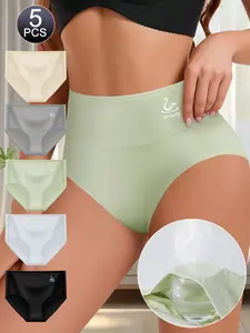 QUASTI 5 Packs High-Waisted Solid Ladies Breifs, Soft Breathable Elastcity Basic Breifs for Womenswear, Full Coverage Fashion Design Underwear for Girls Women Gifts, Size S-XXL Hip Seamless Panties Fabric Minimalist