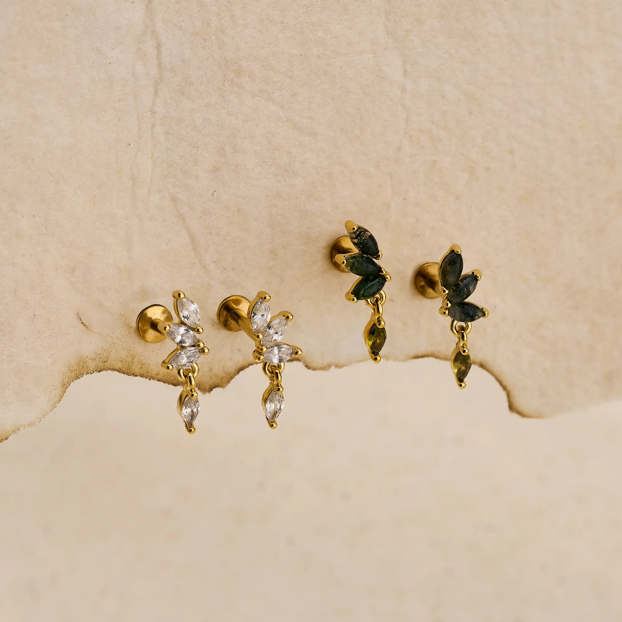 OUFER Female Flatback Earrings, 16G 8MM Internally Threaded Stainless Steel Rhinestone/Moss Agate Studs, Hypoallergenic Metal Jewelry for Daily Cartilage Tragus Wear