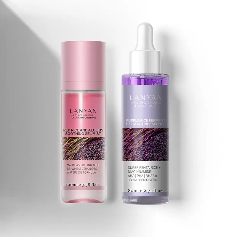 LANYAN Unisex Daily Care Exfoliating Revitalizing Skincare Duo - Purple Rice Exfoliator & Pink Soothing Mist Set, Gentle Dual-Texture Liquid, Hyaluronic Acid, Smooth, Hydrate, Soothe Redness, Remove Blackheads, Minimize Pores, Dewy Skin, 80ml + 100ml, Nat