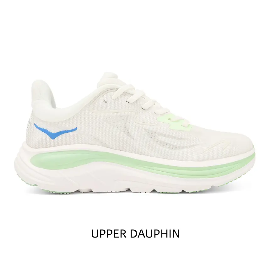 Cream white mesh running sneakers with light mint green midsole accents, breathable knit upper, cushioned thick sole, grippy outsole for jogging, gym training and daily casual outfits.