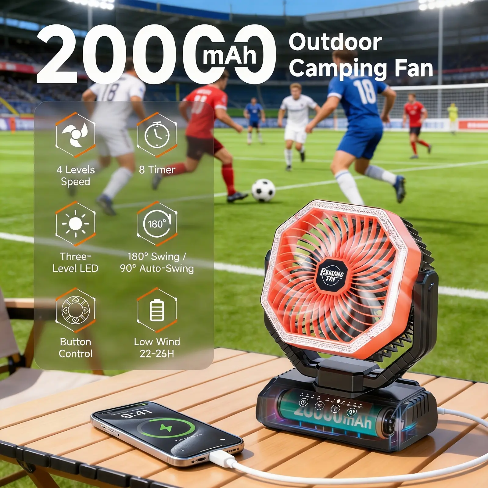 20000Mah Portable Camping Fan with LED Light, 4-Speed Modes Brushless Motor, 180° Oscillating Outdoor USB Fan, 22-26H Long Battery Life, Ideal for Camping, Hiking, Picnic & Emergency Use