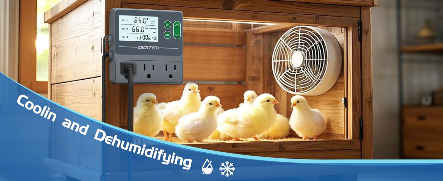 DIGITEN Temperature and Humidity Controller with Timer - 3 Outlet, 2 Separate Probes, Plug in Temperature Controller for Reptiles,Snake, Mushrooms, Tent, Triple Control for Temp,Humidity,Time