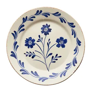 Set of 2 Hand Painted Blue & White Flowers and Vines Dinner Plates