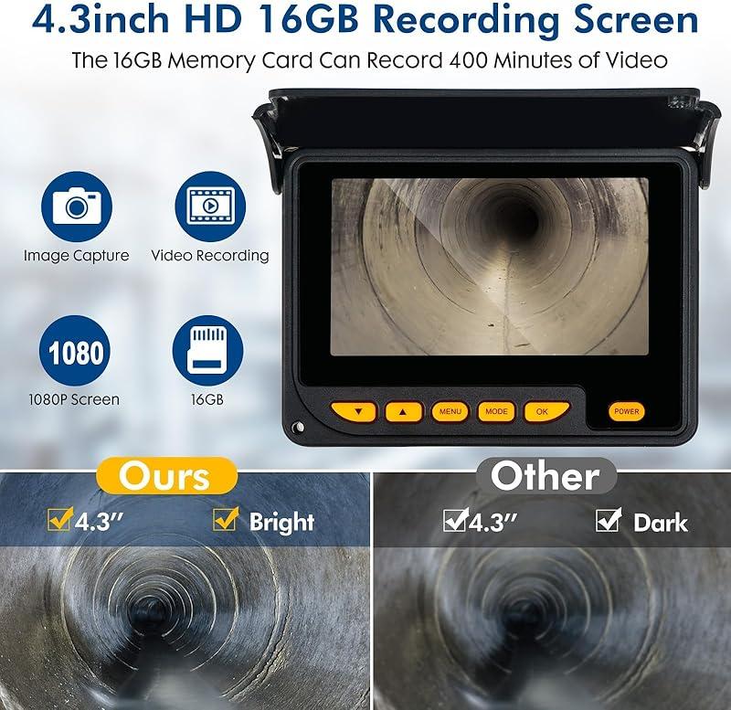 Sewer Camera, 66ft/20M 4.3" Pipe Drain Inspection Camera with DVR Function & Snake Cable, Waterproof IP68 Borescope w/LED Lights, Industrial Endoscope for Home Wall Duct Drain Pipe Plumbing