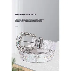 Unisex Crocodile Pattern Belt with Rhinestone Decorative Buckle Cross Pendant New Street Fashion Denim Belt Adjustable for Most Waist Sizes