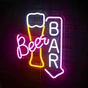 ROSNEK Beer Bar Neon Sign LED Lights for Wall Decor USB Powered with Switch Pink Yellow White Colors Energy Saving Home Bar Store Restaurant Man Cave Cafe Bistro Club Party Christmas Gift