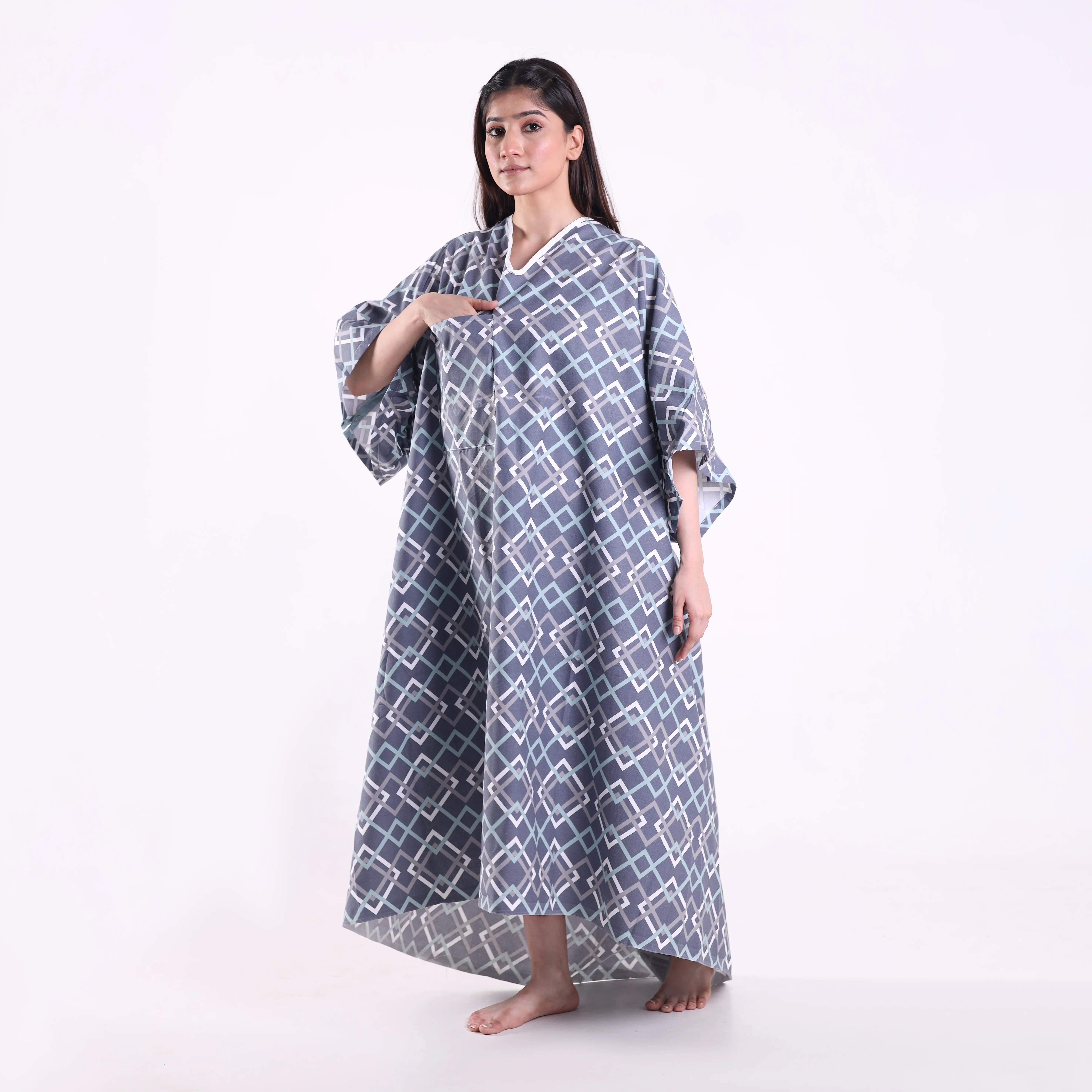 Women's 100% Cotton Knitting Medical Gown - Healthcare Workwear Clothes, Unisex Patient/Doctor Uniform, 1 Size Fits All, Reusable, Washable, Breathable, Comfortable, Pocketed, Graphic-Accented