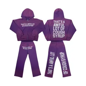 That's A Awful Lot Of Cough Syrup Tracksuit Set | Unisex Y2K Streetwear Purple Zip Up Hoodie & Flare Sweatpants