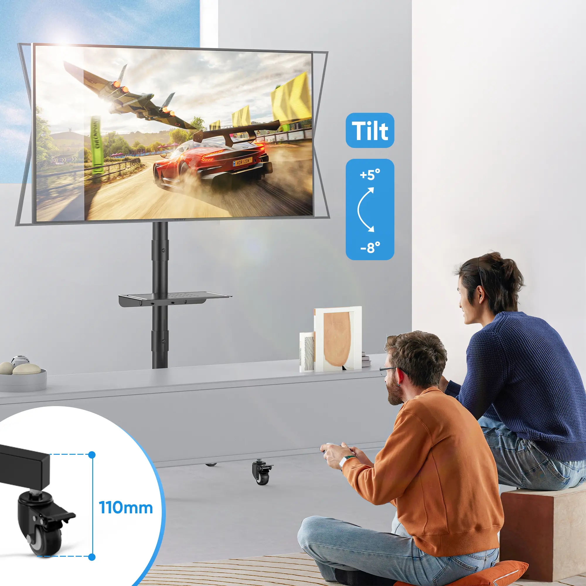 Forging Mount Stainless Steel Double-Tube Mobile TV Stand for 23-60 Inch LCD/LED Flat-Panel & Curved TVs (Home Use, No Drilling), 15° Tilt, 88 lbs Capacity, Laptop Holder, Locking Caster Wheels, Roll-Flat Design, Height-Adjustable, 400x400mm VESA Support