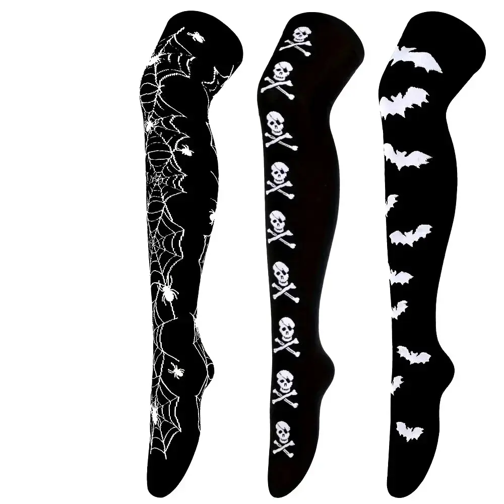 3 Pairs Women's Halloween Knee High Socks High-Stretch Socks with Skeleton, Spider Web & Bat Designs for Halloween Parties and Daily Wear - Womenswear compressionsocks grip socks leg warmers compression socks women thigh high socks Cosplay Dress