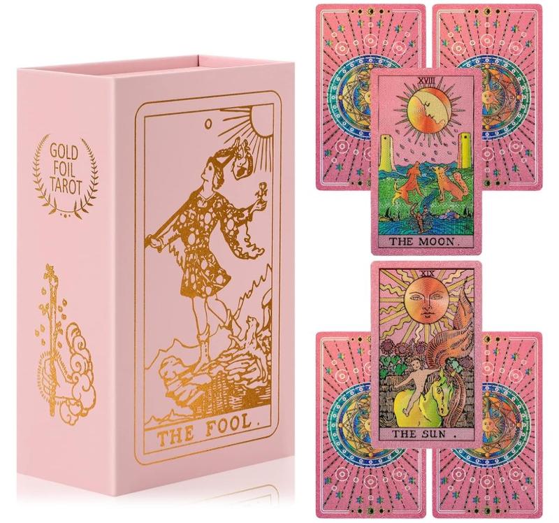 LYINGFISH Pink Tarot Cards for Beginners with Guide Book Gold Foil Meanings Waterproof Rider Waite Taro Deck Fortune Telling Game Classic Origina