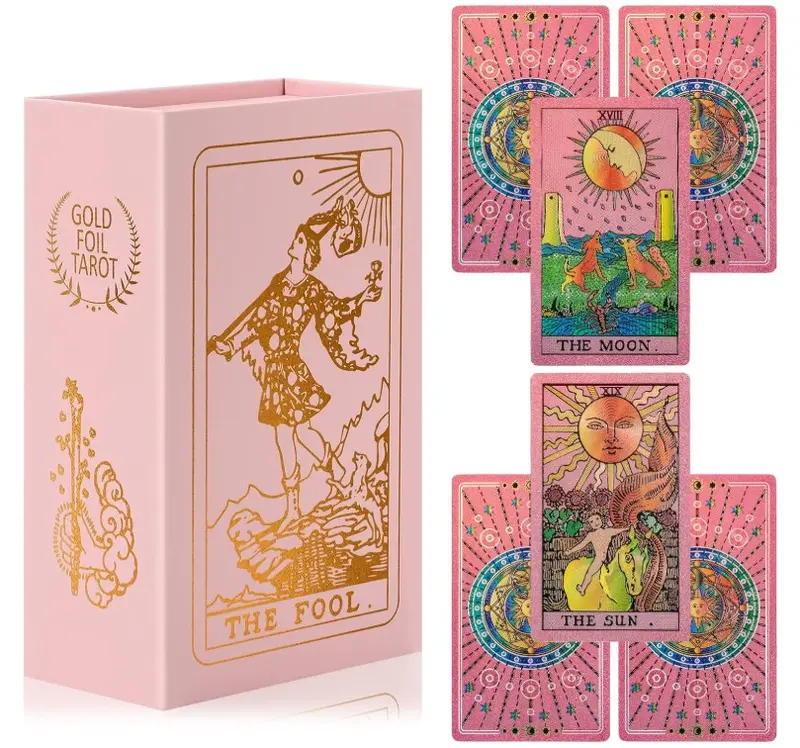 LYINGFISH Pink Tarot Cards for Beginners with Guide Book Gold Foil Meanings Waterproof Rider Waite Taro Deck Fortune Telling Game Classic Origina