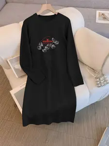 Women's Long Sleeve Butterfly Print Dress, Casual Fashionable Plus Size Fall & Winter Dress, Versatile Large Size Women's Clothing