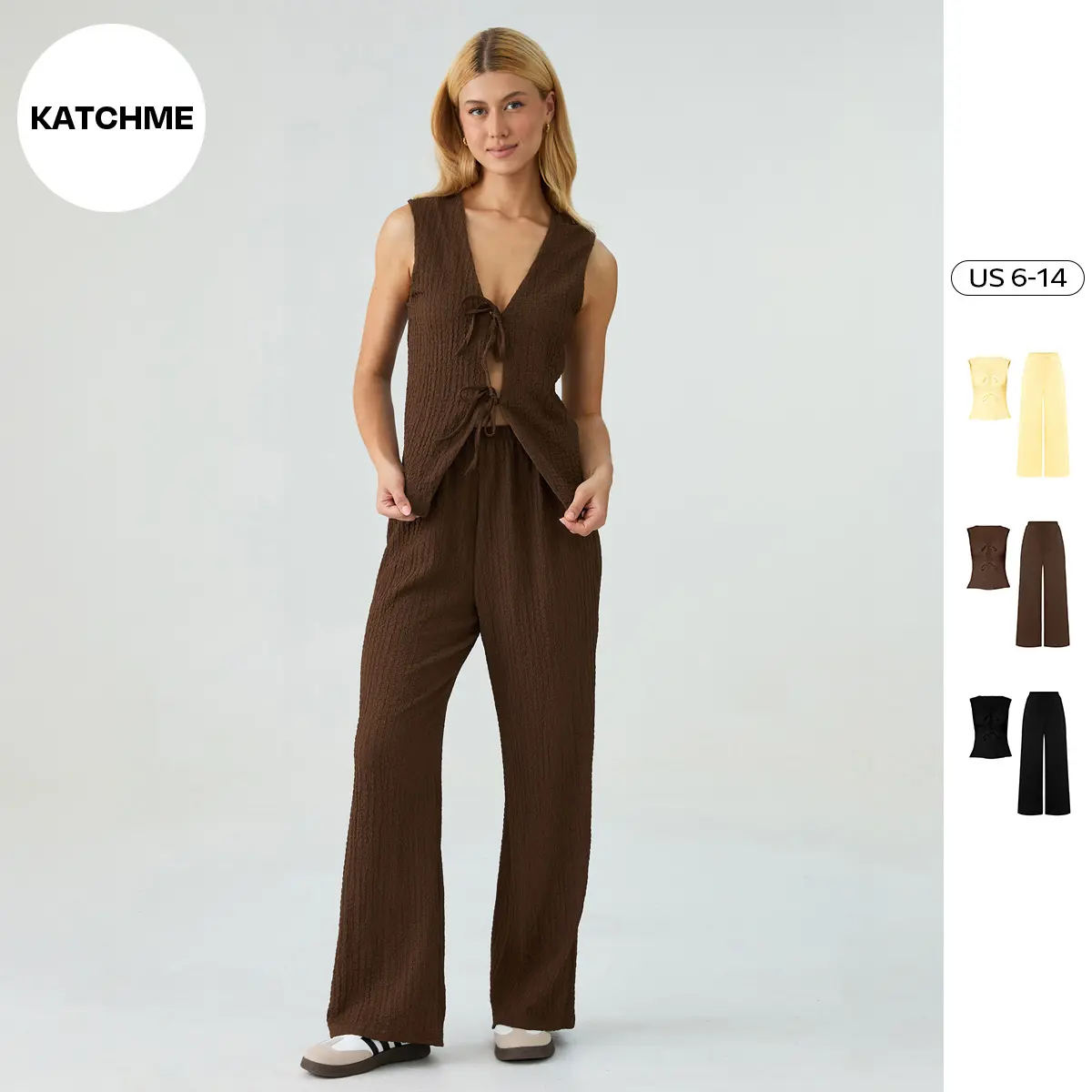 KatchMe Women's Versatile Solid Color Front Tie Textured Tank Top & Wide Leg Trousers Co-ord, Minimalist Two Piece Outfits, Sleeveless Womenswear