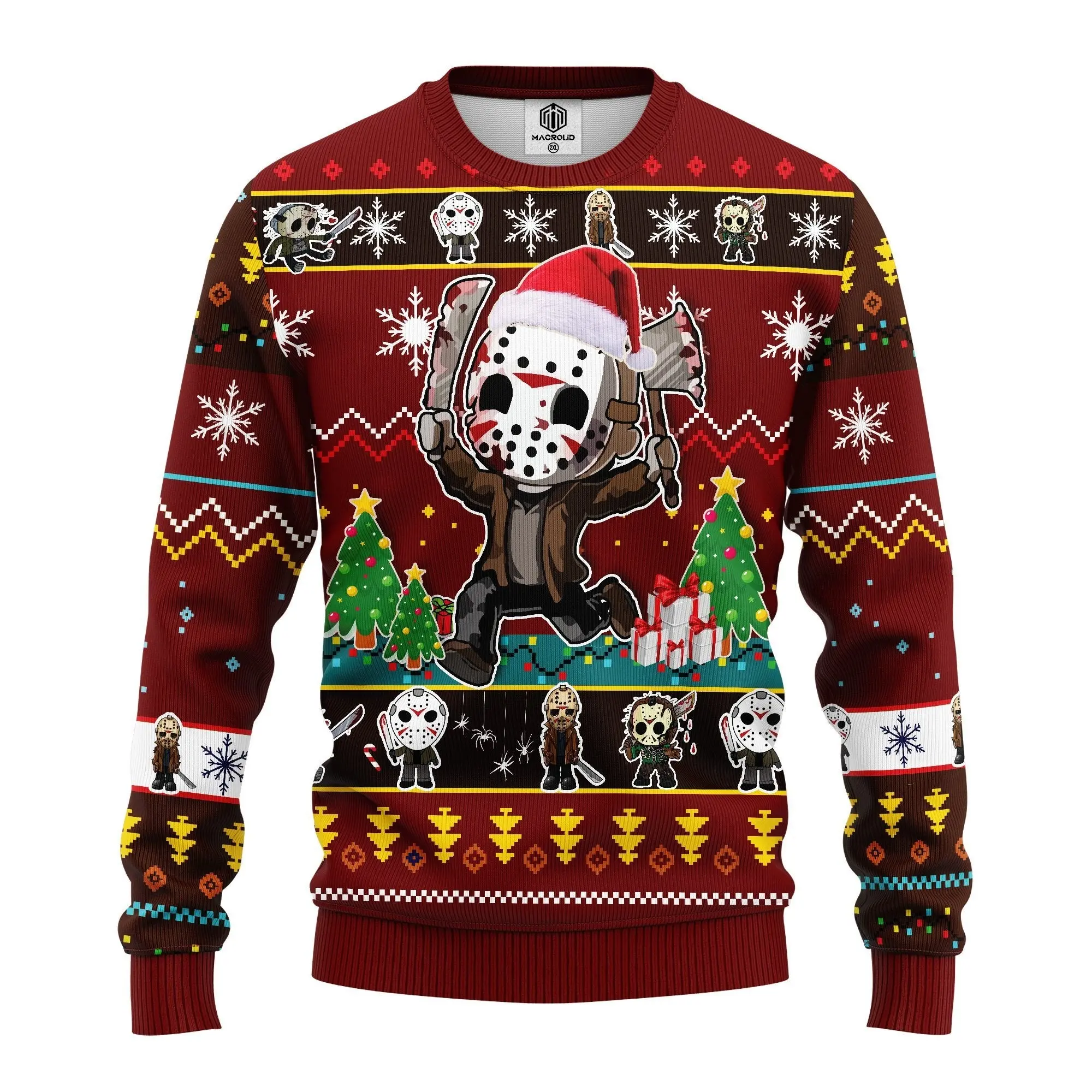 Jason Voorhees Ugly Christmas Sweater 3D Horror Santa Hat Machete Funny Xmas Pullover Unisex Streetwear Casual Oversized Warm Sweatshirt Men Women Fall Winter Spring Halloween Gift