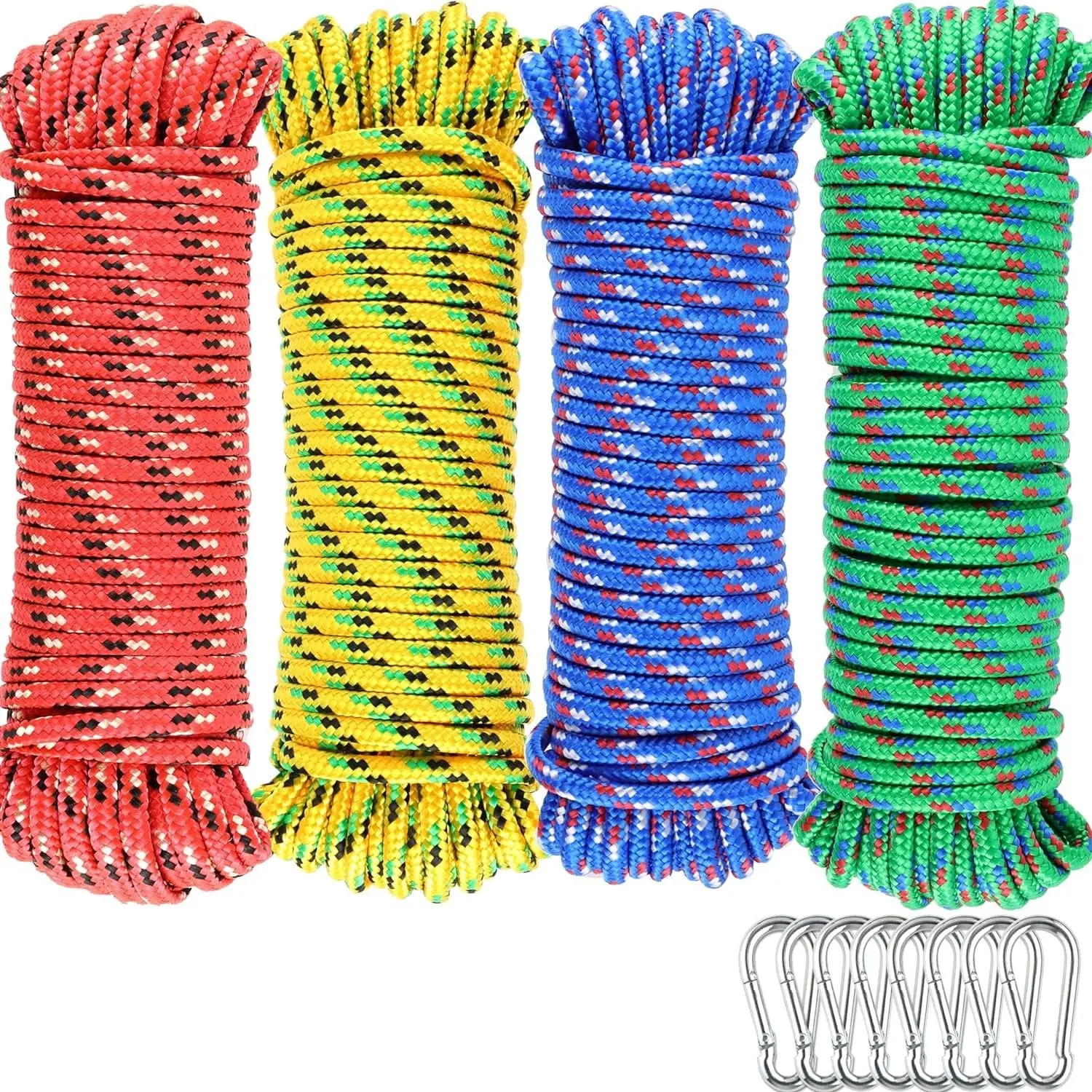 Wellmax 4 Pack 3/16" x 50ft Diamond Braided Polypropylene Rope with UV Treatment and Weather Resistant, Assorted Multi-Color, Uv Protection, Weatherproof, Four Ropes