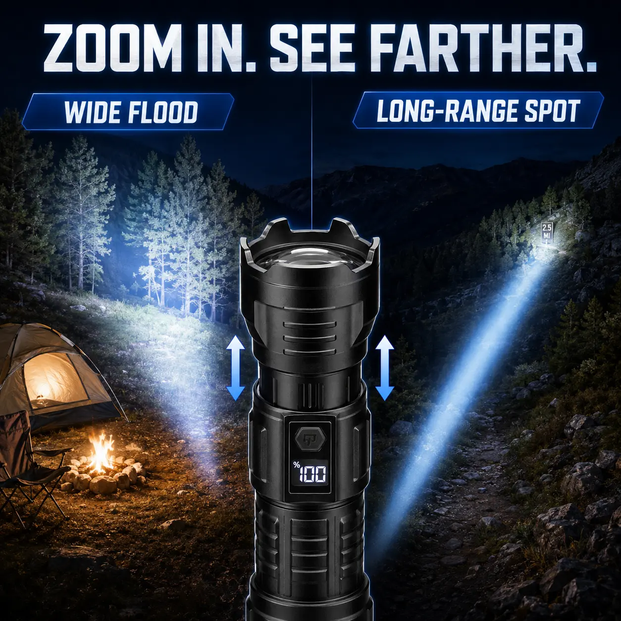 Ultra Bright LED Flashlight 2000LM Type-C Rechargeable Long Range Zoom Tactical Torch Outdoor Emergency Camping Fishing Lantern