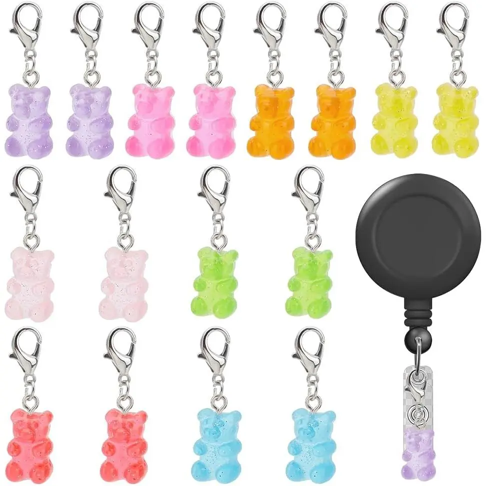 16 count Badge Reel Charm for Student Nurse Teacher, Lovely Bear Badge Holder Charms for ID Card Name Tag Badge Holder Badge Buddy Office School Graduation Supplies