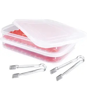 2 Pack Bacon Keeper Plastic Deli Meat Container for Fridge with Lids Airtight Cold Cuts Storage Containers for Fridge Storage Box Food Shallow Low Profile Bacon Holder with 2 Pcs Buffet Serving Tongs