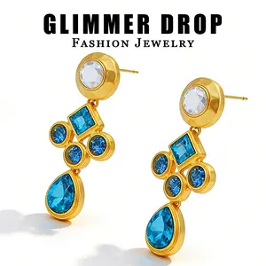 Vintage Blue Gem Drop Earrings 2025 Retro Court Style 925 Silver Needle Gold Plated Geometric Rhinestone Statement Earrings - Luxury Chic Party Daily Ear Accessories for Women