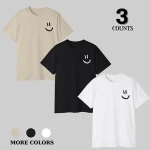 3pcs Moisture Wicking Men's Simple Style Casual Cartoon Smile Face Graphic Print Tees, Comfy Short Sleeve Crew Neck Shirt Home Pajamas Top for Summer