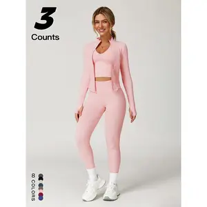 Women’s three-piece outfit featuring a top, leggings, and open-front outerwear for yoga, gym workouts, and running; ladies’ clothing suitable for all seasons