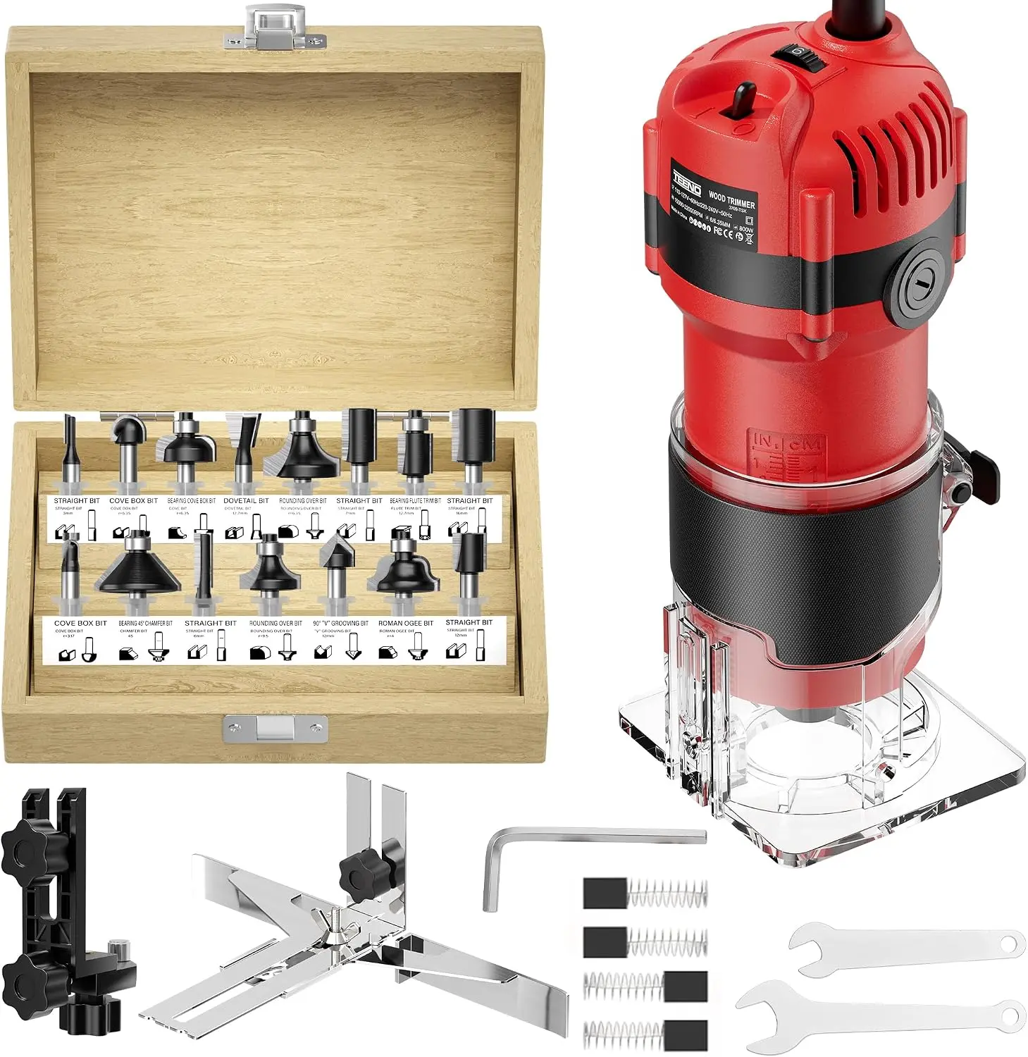 Tool, 6.5 Amp 1.25 HP Compact Wood Tool for Woodworking, 6 Variable Speeds, 1/4" Palm Hand Trimmer With 15-Pc Tungsten Carbide Bits, Edge & Roller Guides, Wooden Case.
