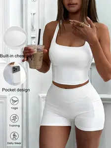 Women's Sporty Yoga Tank Top Set, Gym Outfits, Gym Sets, Slim Fit Square Neck Backless Design, High Waist Shorts, Sleeveless Above the Knee