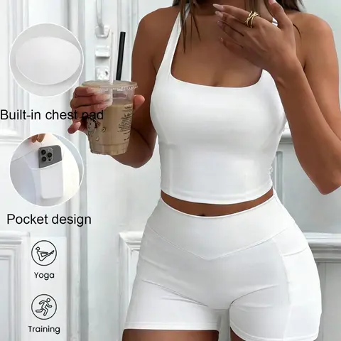 Women's Sporty Yoga Tank Top Set, Sports Fitness Wear, Workout Exercise Clothing, Slim-Fit Square-Neck Backless Top, High-Waist Above-the-Knee Shorts, Sleeveless Activewear