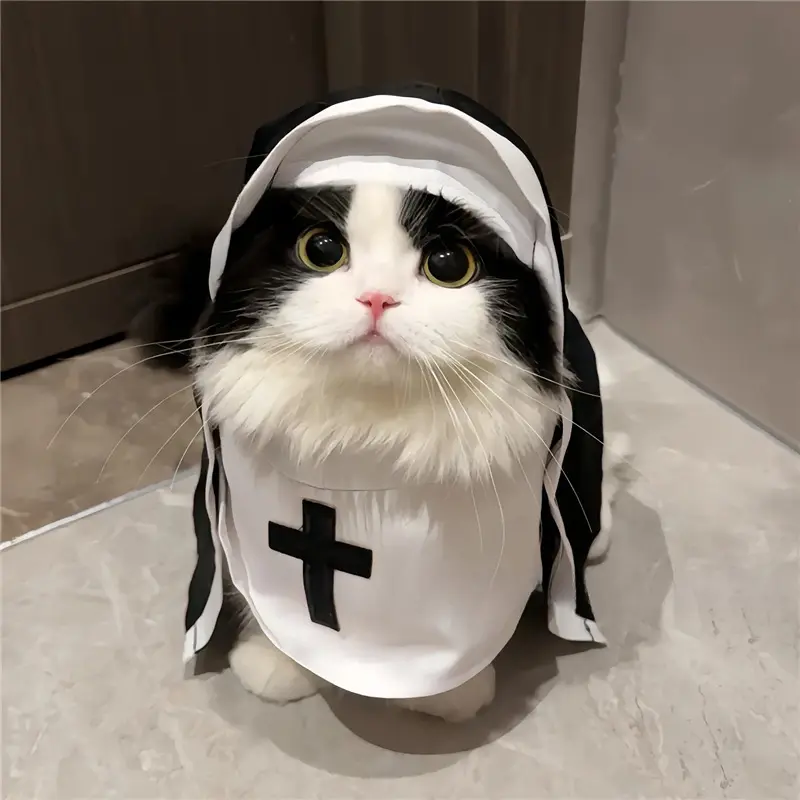 Cat Hooded Nun Costume for Small-Medium-Large Cats, Fabric Pet Cosplay Photo Prop, Halloween Dress-Up Outfit