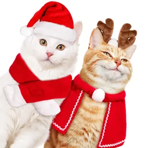 Whaline Pet Christmas Costume Outfit Set Reindeer Antlers Headband Santa Christmsas Hat Red Scarf and Pet Cloak for Dog Cat Pet Christmas Party Cosplay Supplies 4 Pack