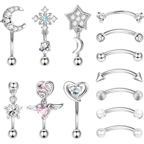 FUNRUN 13Pcs Rook Piercing Jewelry Trendy Eyebrow  Lip and Cartilage Rings for Women  Made of Surgical Steel Curbed Barbells with Colorful Ball Ends