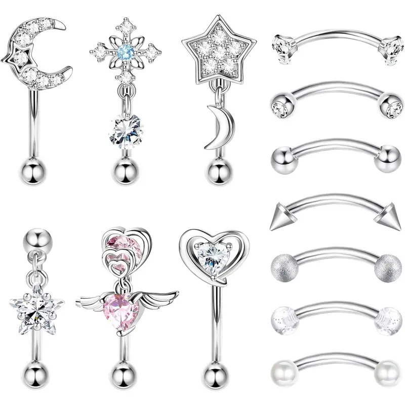 FUNRUN 13Pcs Rook Piercing Jewelry Trendy Eyebrow Lip and Cartilage Rings for Women Made of Surgical Steel Curbed Barbells with Colorful Ball Ends