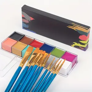 12-color oil paint set with brushes, suitable for face and body painting; highly pigmented with strong coverage; easy and quick to remove with no residue left behind, safe, non-toxic, and non-irritating.