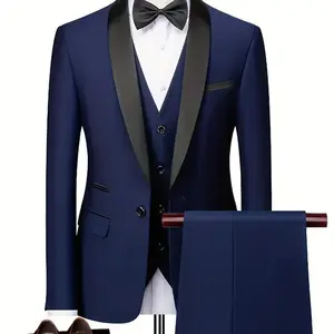 Hot sales�� Stretch Fabric 3pcs Set Suit Blazers Vest Pants Set 2025 Fashion New Men's Casual Boutique Business Slim Fit Black Collar Groom's Wedding Groomsman Formal Wear Double Slit Dress Blazers Waistcoat Trousers