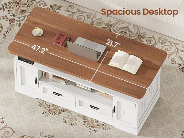 SEDETA 47.2" Electric Standing Coffee Table with Storage, Farmhouse Lift Top Coffee Table with Drawers and Open Shelves, Height Adjustable Tables with Power Outlet, for Living Room